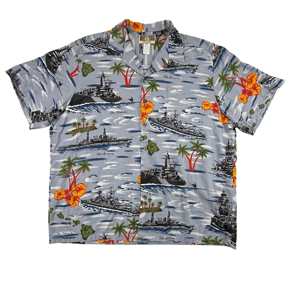 Kalaheo Hawaiian Camp Shirt Floral Military Battleships AOP Mens XL Short Sleeve